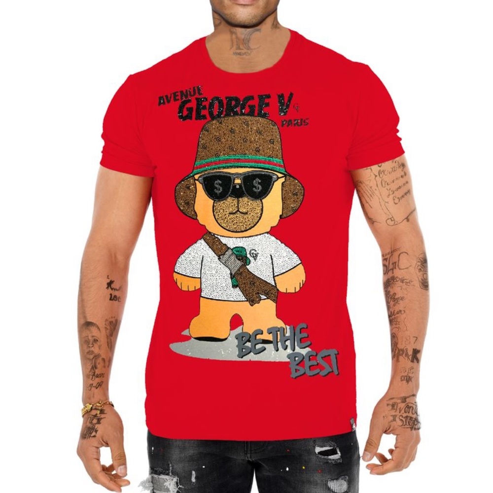George V Red Gold Graphic T-Shirt Men Diamond Rhinestones